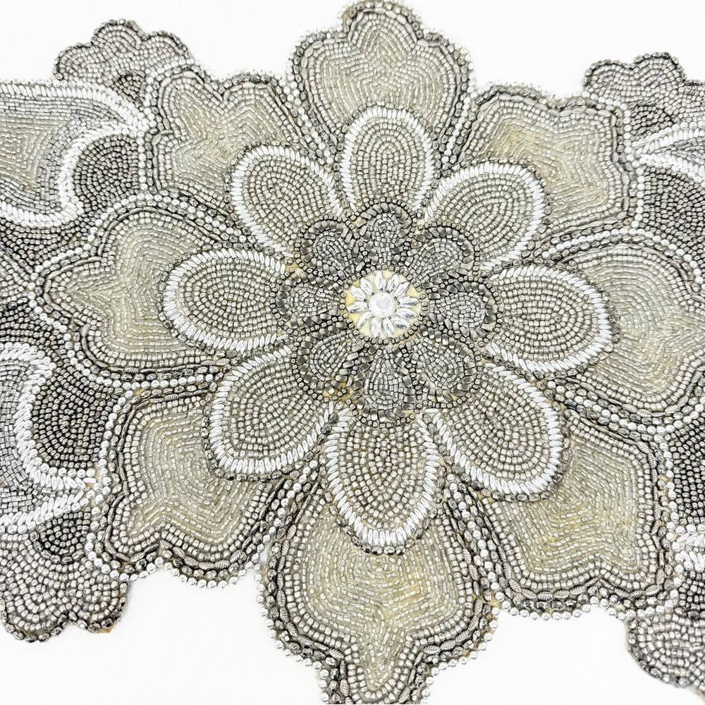 Winter Dreams Glass Beaded Floral Design Shades of Silver Table Runner Decor